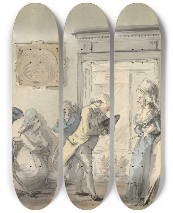 Triptych art skateboard deck of Henry William Bunbury A Soiree by Henry William Bunbury (1750-1811)