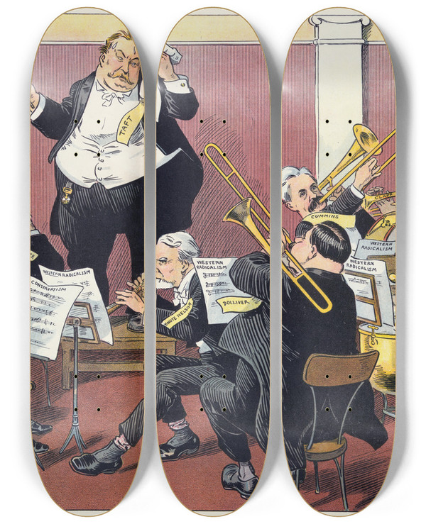 Triptych art skateboard deck of Louis Glackens A Bad Outlook For Harmony by Louis Glackens (1866-1933)