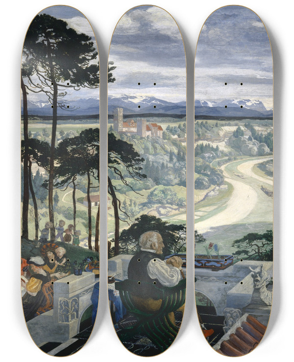 Triptych art skateboard deck of Albert Welti German Landscape Isar Landscape by Albert Welti (1862-1912)