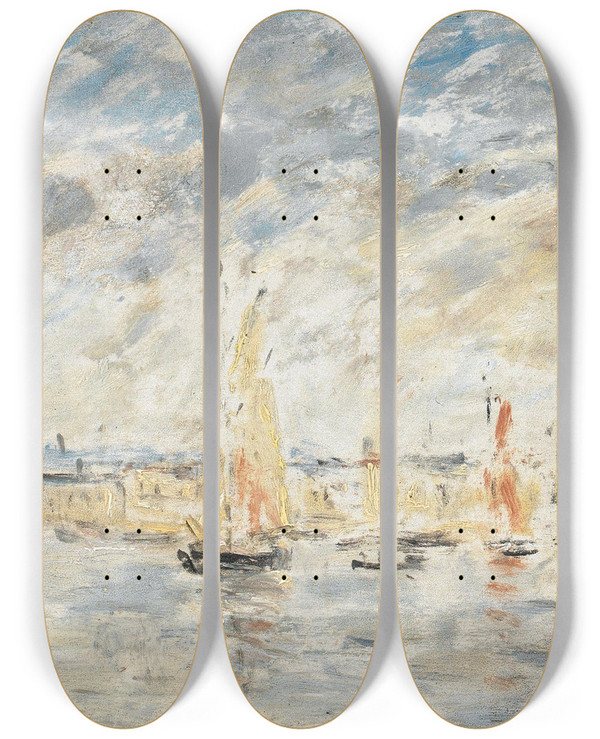Triptych art skateboard deck of Eugne Boudin Honfleur Le Port by Eugene Boudin (1824-1898)