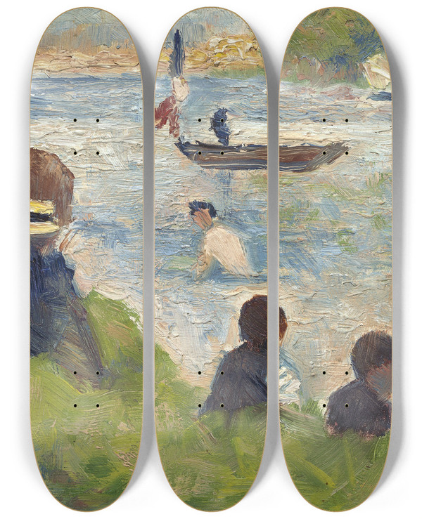 Triptych art skateboard deck of Georges Seurat Horse And Boats Study For Bathers At Asnires by Georges Seurat (1859-1891)