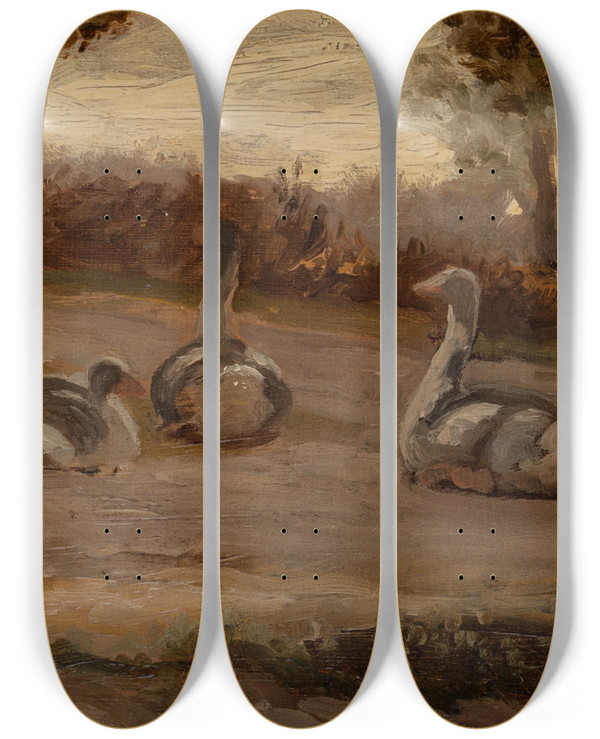 Triptych art skateboard deck of Elihu Vedder Geese by Elihu Vedder (1836-1923)