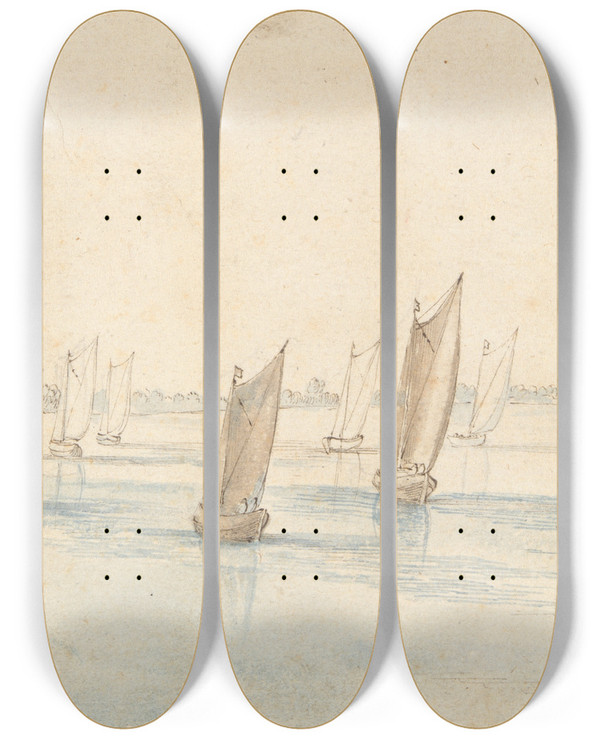Triptych art skateboard deck of Jan Brueghel The Elder Boats Sailing On A River A Country House In Thedistance by Jan Brueghel The Elder (1568-1625)