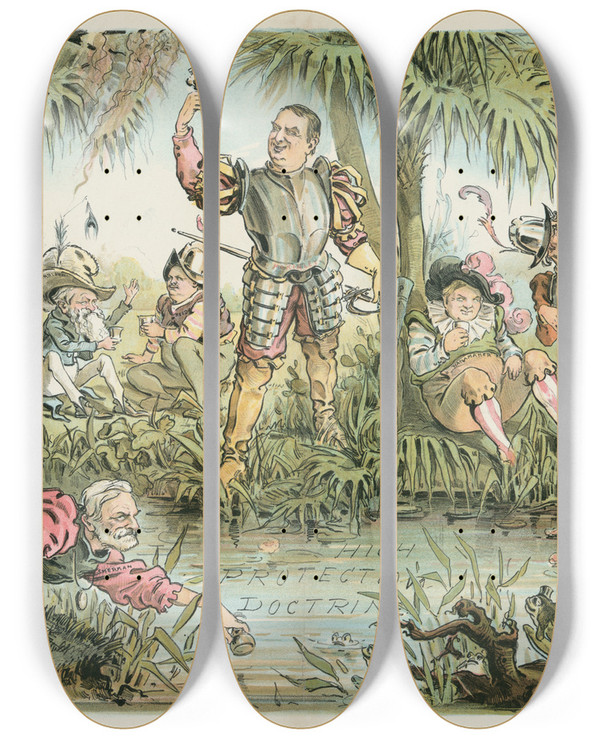 Triptych art skateboard deck of Udo Keppler The Republican Ponce De Leon And His Followers by Udo Keppler (1872-1956)