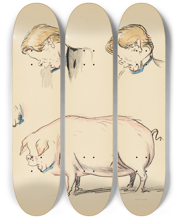 Triptych art skateboard deck of Georges Goursat Sem What A Pig This Sem by Georges Goursat (Sem) (1863-1934)