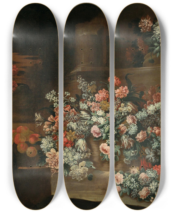 Triptych art skateboard deck of Lombard School Still Life With Flowers Fruit And Birds Amongst Ruins by Lombard School