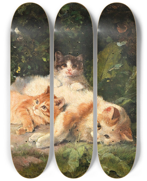 Triptych art skateboard deck of Julius Adam The Elder Cat With Her Kittens by Julius Adam the elder (1826-1874)