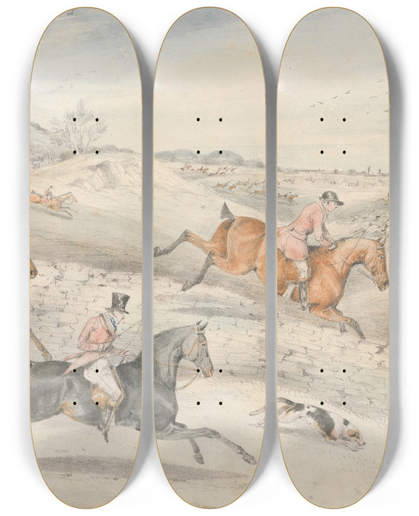 Triptych art skateboard deck of George Alken Foxhunting Full Cry by George Alken