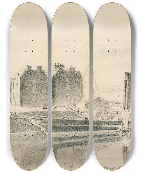 Triptych art skateboard deck of Pieter Van Loon De Calaisdover Stoomboot Aan De Kade Te Dover by Pieter Van Loon (1801-1873)