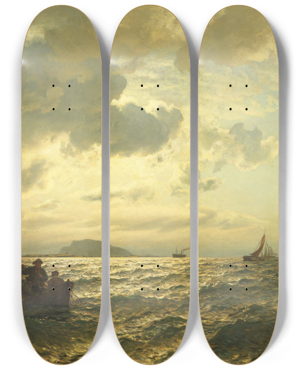 Triptych art skateboard deck of Hans Gude Fresh Breeze On The Norwegian Coast by Hans Gude (1825-1903)