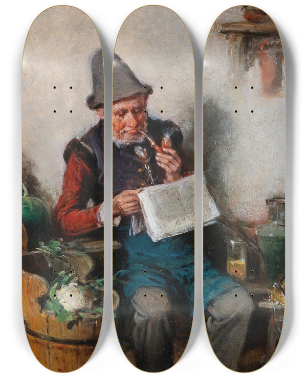 Triptych art skateboard deck of Hermann Kern Der Gemsehndler_2 by Hermann Kern (1838-1912)