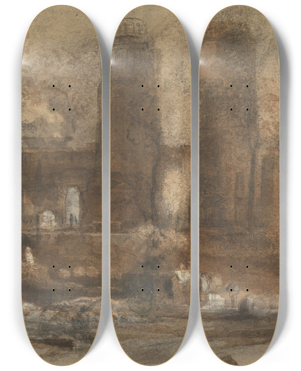 Triptych art skateboard deck of John Varley A Romantic Landscape by John Varley (1778-1842)