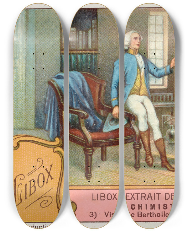 Triptych art skateboard deck of Liebigs Extract Of Meat Company Libox Extrait De Viande Assaisonn Claude Louis Berthollet Visits Antoine Laurent Lavoisier At The Sorbonne In Paris by Liebigs Extract Of Meat Company