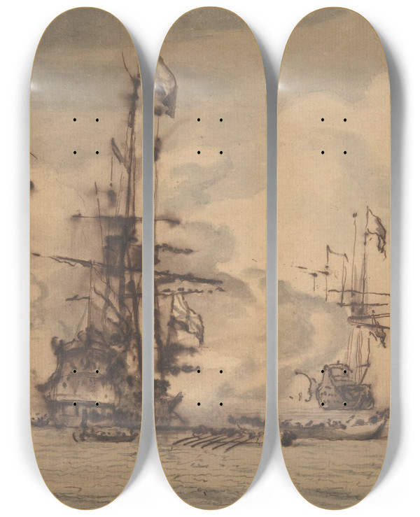 Triptych art skateboard deck of Willem Van De Velde The Younger Sea Fight by Willem van de Velde the Younger (1633-1707)