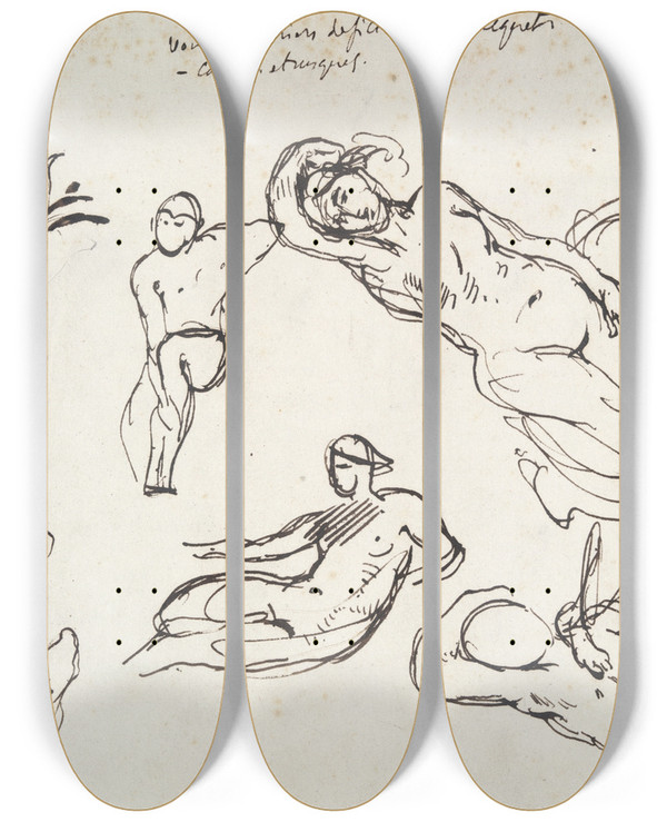 Triptych art skateboard deck of Eugne Delacroix Studies Of Agriculture Palais Bourbonparis by Eugene Delacroix (1798-1863)