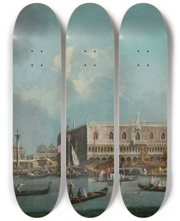Triptych art skateboard deck of Circle Of Bernardo Canal The Bucintoro Returning To The Molo On Ascension Day by Circle Of Bernardo Canal (1664-1744)