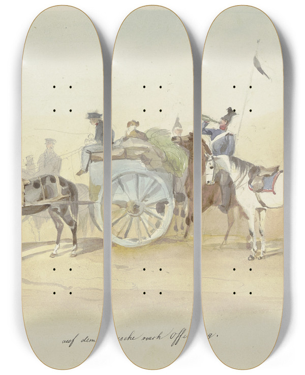 Triptych art skateboard deck of Reinhold Braun Proviantwagen Auf Dem Weg Nach Offenburg by Reinhold Braun (1821-1884)