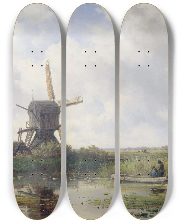 Triptych art skateboard deck of Willem Roelofs The Gein River Near Abcoude by Willem Roelofs (1822-1897)