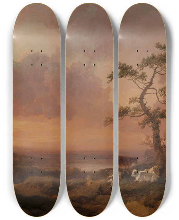 Triptych art skateboard deck of Philip James De Loutherbourg Landscape With Cattle And Peasant by Philip James De Loutherbourg (1740-1812)