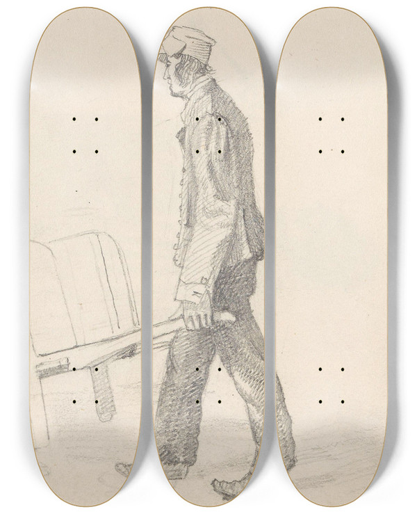 Triptych art skateboard deck of Adolph Tidemand Mann Med Et Trillebr Og En Ape by Adolph Tidemand (1814-1876)
