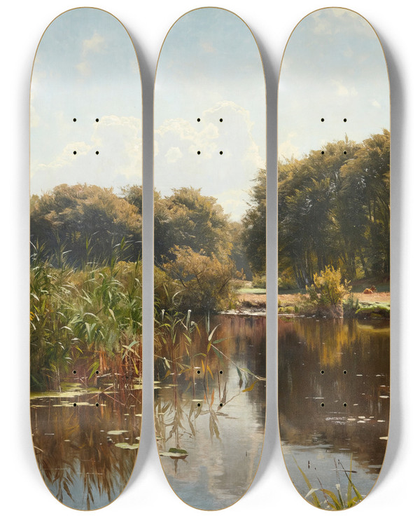 Triptych art skateboard deck of Peder Mrk Mnsted Summer Clouds Reflection by Peder Mork Monsted (1859-1941)