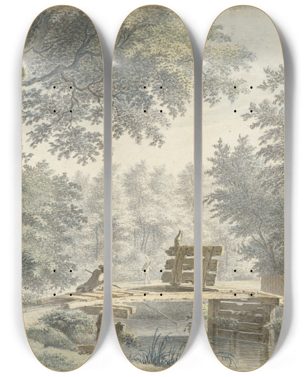 Triptych art skateboard deck of Gerard Van Rossum Landschap Met Een Brug Waarop Een Hengelaar_1 by Gerard Van Rossum (1699-1772)