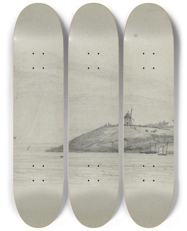 Triptych art skateboard deck of Eugne Boudin Coastal Landscape With Shipping Windmill In Distance by Eugene Boudin (1824-1898)