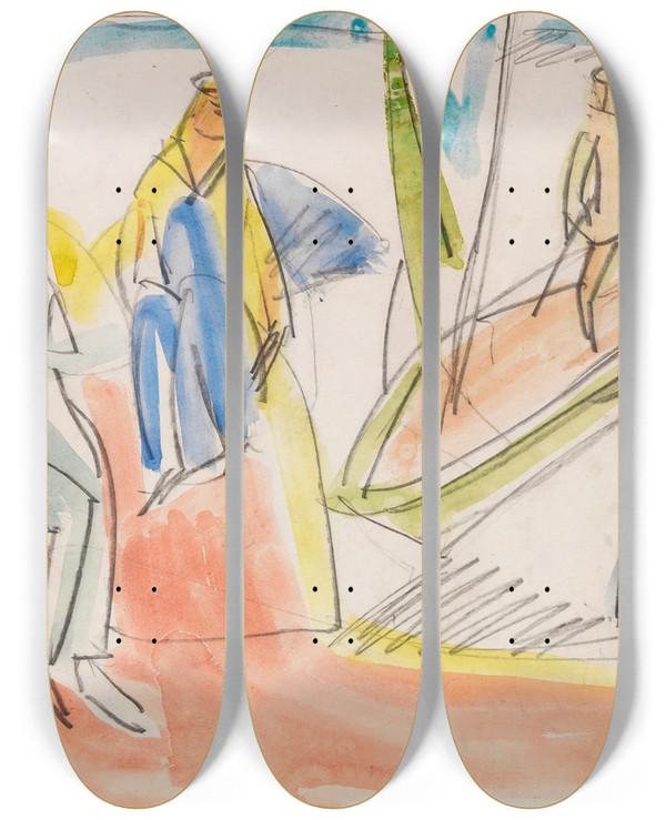 Triptych art skateboard deck of Ernst Ludwig Kirchner Menschen Und Boot Am Strand by Ernst Ludwig Kirchner (1880-1938)