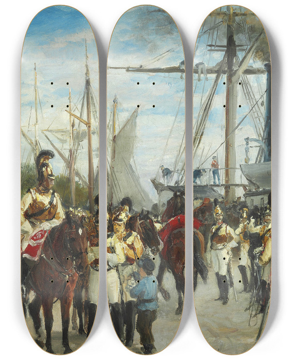 Triptych art skateboard deck of Otto Bache Studie Til Hestgarden Indskibes I Korsr 1848 by Otto Bache (1839-1927)
