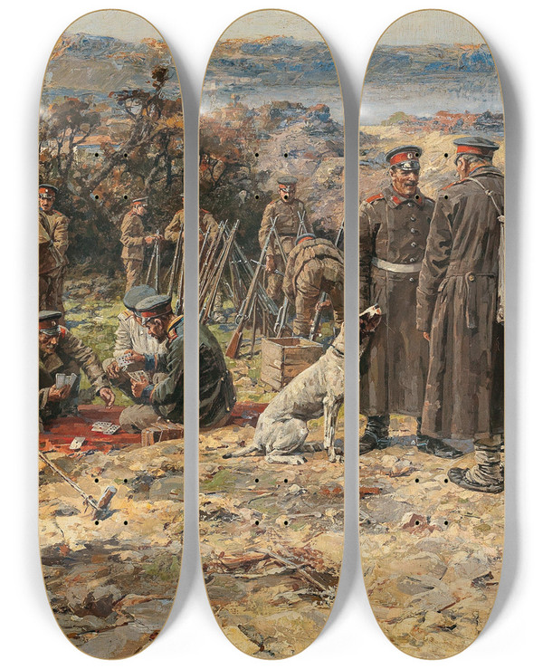 Triptych art skateboard deck of Jaroslav Vn A Scene From The Balkan War by Jaroslav Vesin (1860-1915)