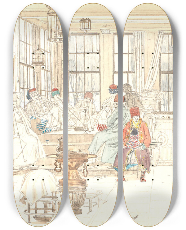 Triptych art skateboard deck of Martinus Rrbye Det Indre Af En Tyrkisk Caf by Martinus Rorbye (1803-1848)