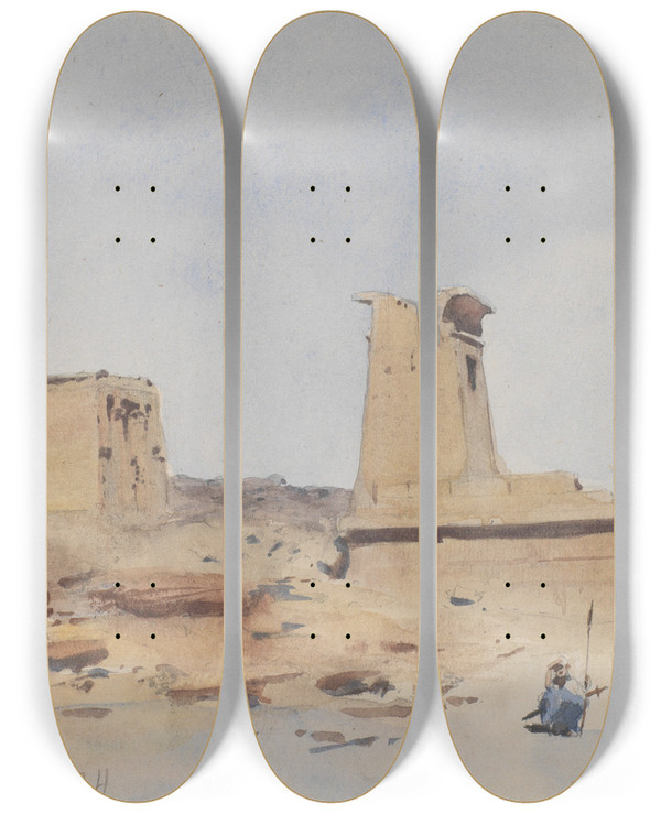 Triptych art skateboard deck of Frederick Arthur Bridgman The Temple Of Dendur Showing The Pylon And Terrace by Frederick Arthur Bridgman (1847-1928)