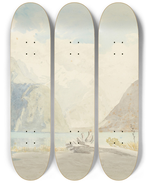 Triptych art skateboard deck of James Crowe Richmond Milford Sound by James Crowe Richmond (1822-1898)