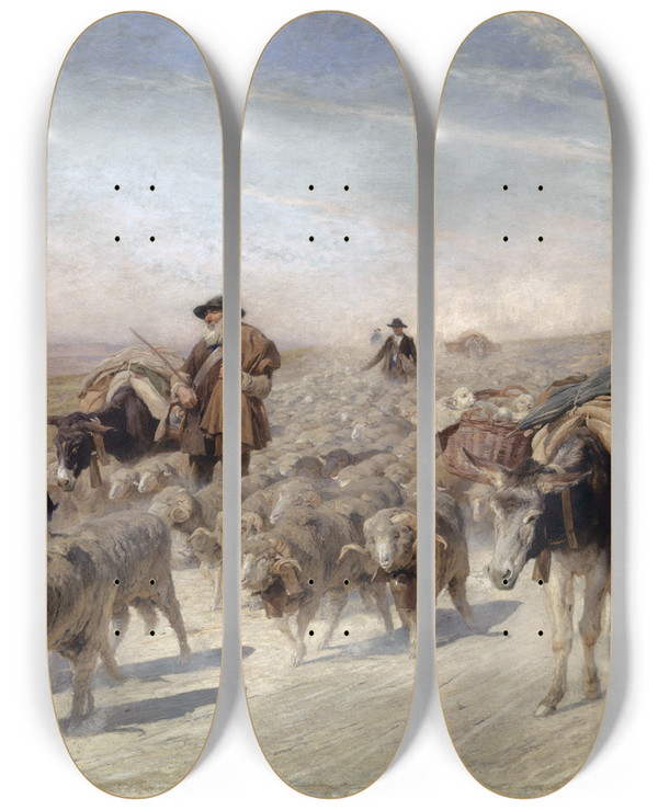 Triptych art skateboard deck of Eugne Burnand The Descent Of The Herds by Eugene Burnand (1850-1921)