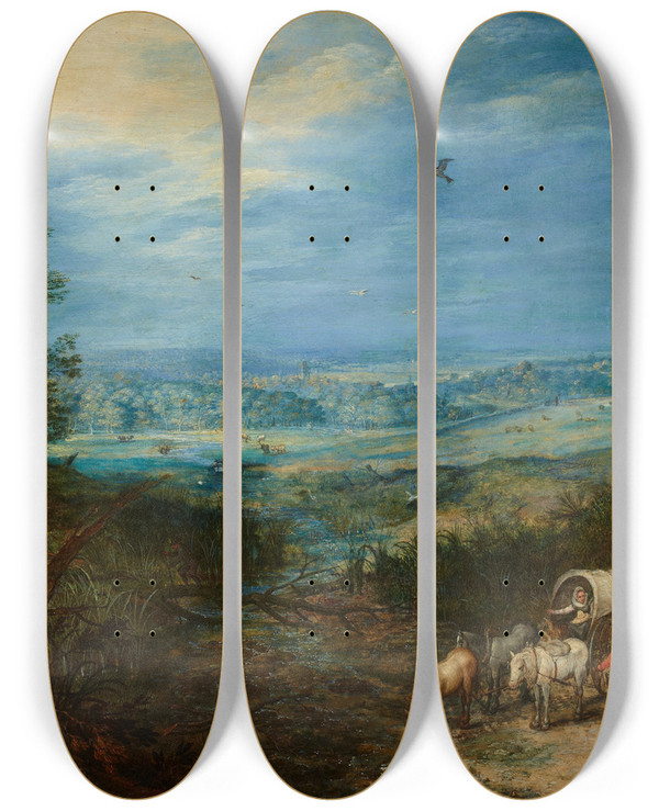 Triptych art skateboard deck of Jan Brueghel The Elder Landscape With Peasants by Jan Brueghel The Elder (1568-1625)