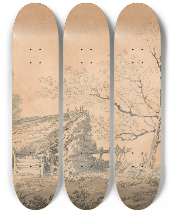 Triptych art skateboard deck of Joseph Mallord William Turner Landscape With Barn by Joseph Mallord William Turner (1775-1851)