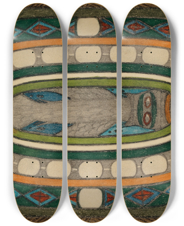 Triptych art skateboard deck of Adolf Wlfli Denkmal Und Waappen Des Riesenstadttheils Tllerring In Der Riesenstadt Granada by Adolf Wolfli (1864-1930)