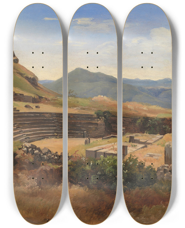 Triptych art skateboard deck of Thorald Brendstrup The Ruins Of The Antique Theatre At Tusculum Italy by Thorald Brendstrup (1812-1883)