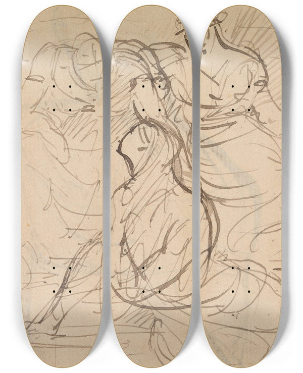 Triptych art skateboard deck of Benjamin Robert Haydon Figure Study Of Women In Various Sitting And Standing Poses by Benjamin Robert Haydon (1786-1846)