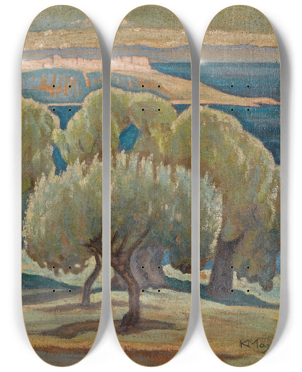 Triptych art skateboard deck of Konstantinos Maleas Olive Trees Mytilini by Konstantinos Maleas (1879-1928)