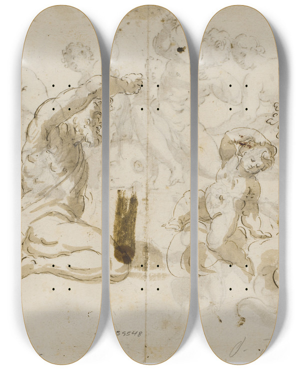 Triptych art skateboard deck of Domenico Piola En Havgud Og To Putti by Domenico Piola (1627-1703)