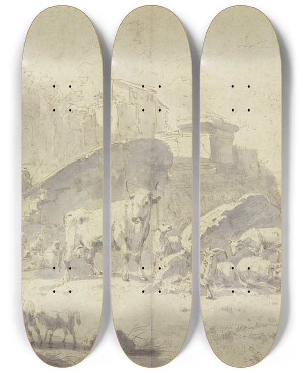 Triptych art skateboard deck of Johann Heinrich Roos Herde Von Ziegen Schafen Khen Und Pferden In Einer Italienischen Berglandschaft Mit Ruinen by Johann Heinrich Roos (1631-1685)