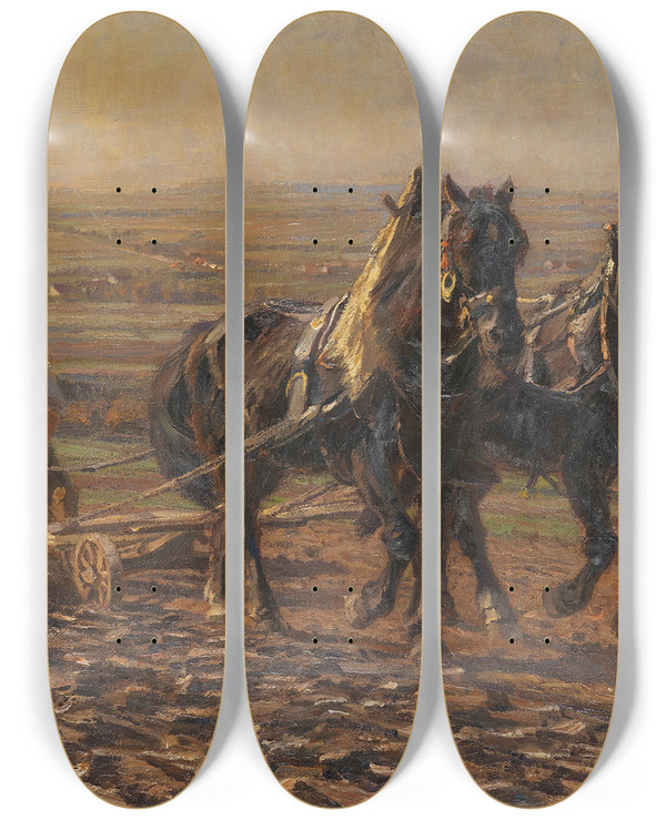 Triptych art skateboard deck of Friedrich Eckenfelder Pflgender Bauer by Friedrich Eckenfelder (1861-1938)