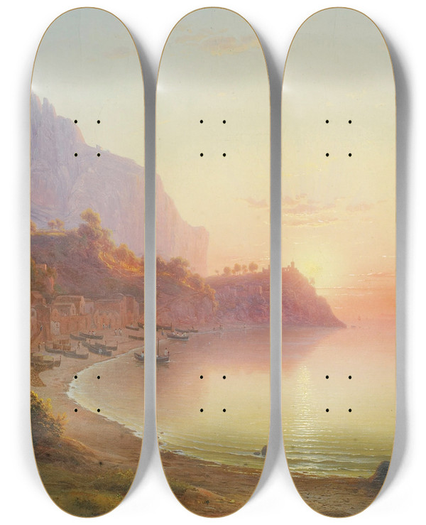 Triptych art skateboard deck of Johannrudolf Bhlmann Vue De La Cte Italienne Probablement Capri by Johann Rudolf Buhlmann