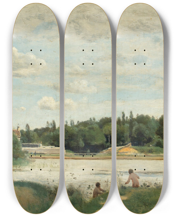 Triptych art skateboard deck of Jeanbaptistecamille Corot The Bath by Jean-Baptiste-Camille Corot (1796-1875)
