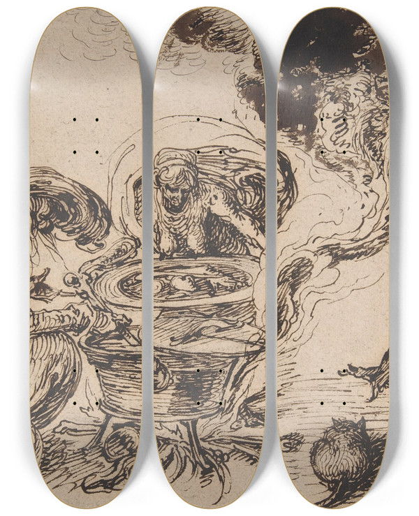 Triptych art skateboard deck of Jacob De Gheyn Ii Witches Sabbath by Jacob de Gheyn II (1565-1629)