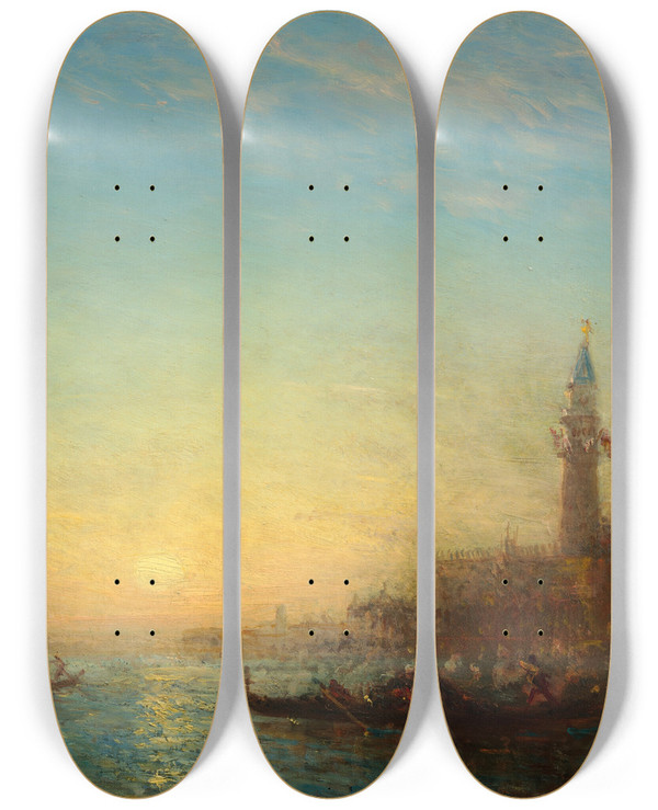 Triptych art skateboard deck of Flix Ziem Coucher De Soleil Quai Des Esclavons by Felix Ziem (1821-1911)