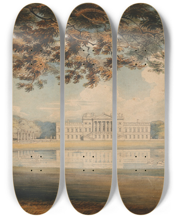 Triptych art skateboard deck of Richard Westall Wanstead House by Richard Westall (1765-1836)