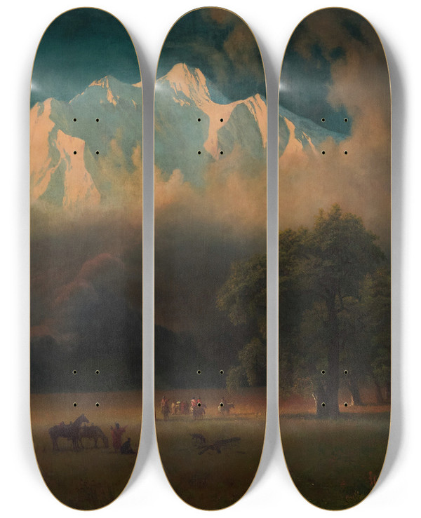 Triptych art skateboard deck of Albert Bierstadt Mount Adams Washington by Albert Bierstadt (1830-1902)