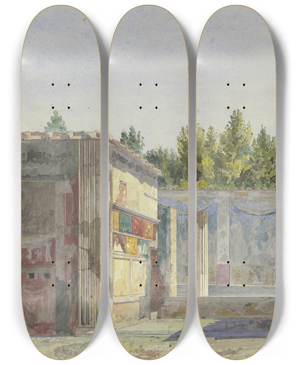 Triptych art skateboard deck of Carl Friedrich Heinrich Werner Die Casa Di Sallustio Und Umliegende Ruinen In Pompeji by Carl Friedrich Heinrich Werner (1808-1894)